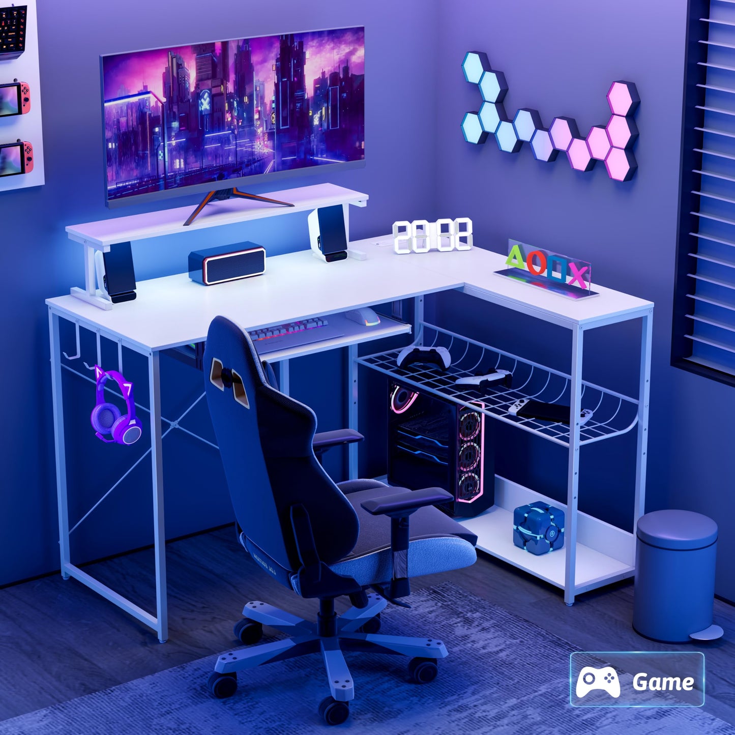 BORNOON Computer Desk, L Shaped Gaming Desk with Monitor Stand & Storage Shelf & LED Light & USB Power Outlet, Reversible Shelves Corner Table with Keyboard Tray for Gaming, Home Office, Study