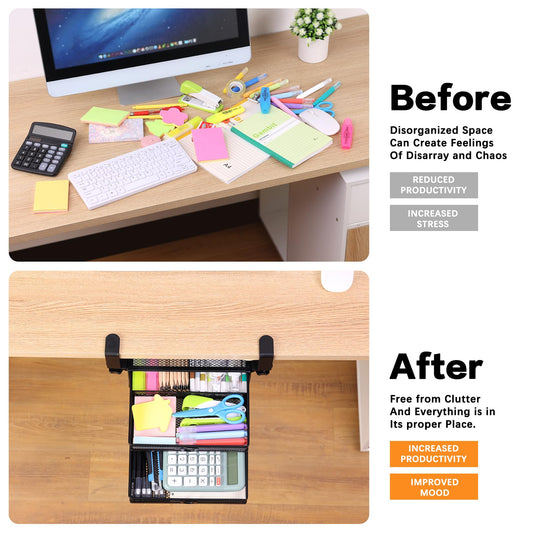 Euyona 2-Tier Clamp-On Mesh Organizer, Under Desk Storage with Slide-Out Tray, No Drilling Tool-Free Installation, Durable Rust-Resistant Metal, Large-Capacity Organizer.
