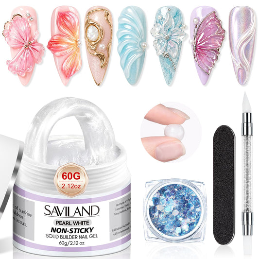 SAVILAND Non-Sticky Solid Builder Nail Gel Kit: HEMA-Free Sculpting Gels for Nail Art with Sequins Sculpture Pen for 3D Gel Nails Art Carving Extension Overlays Starters DIY Home Satin White 2.02oz