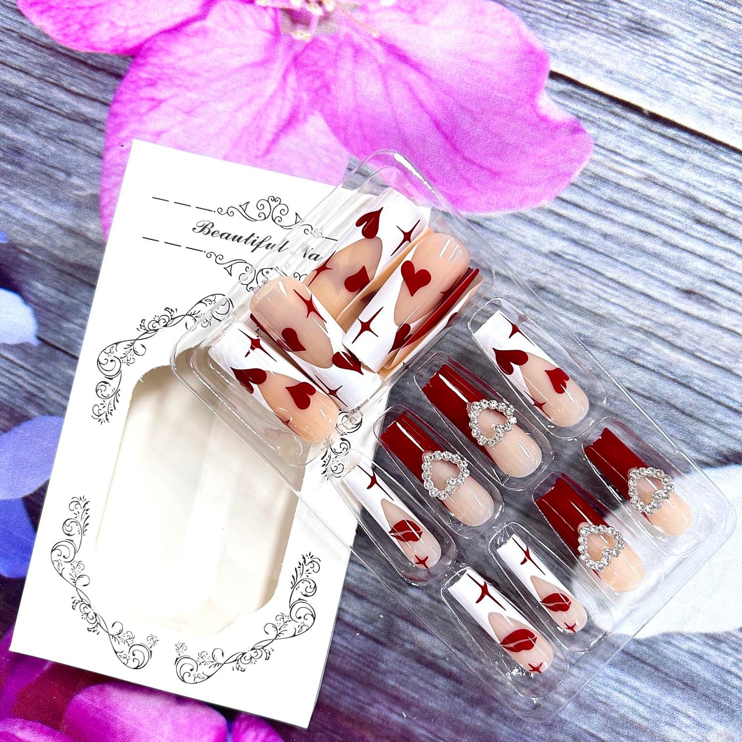 Heart Fake Nails Valentine's Red French Tip Press on Nails Long Red Love Heart Lip Design Acrylic Nails 3D Heart Coffin Nails Square Artificial Nails Full Cover Holiday Stick on Nails for Women