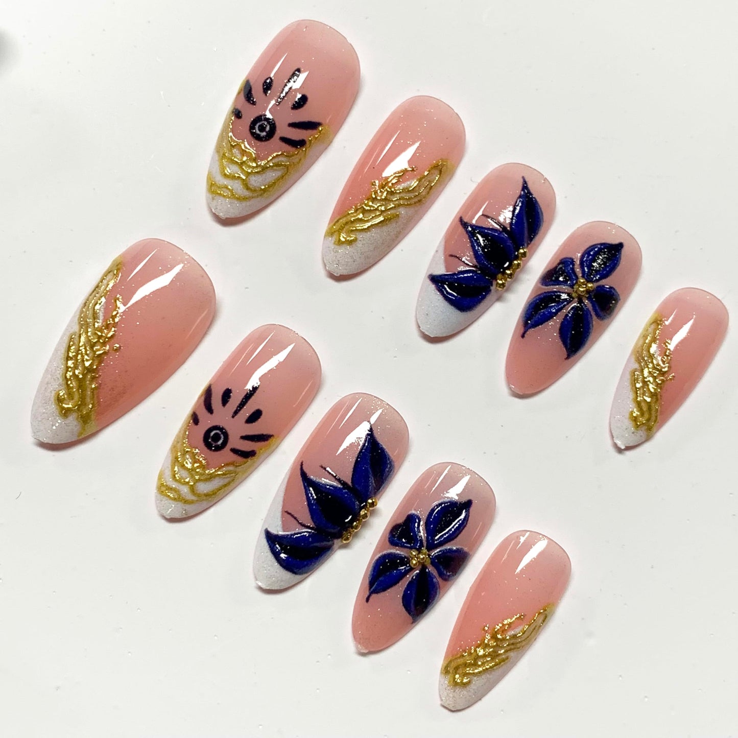 BABALAL Press On Nails, Medium Almond Fake Nails, 3d Blue Floral & Gold Chrome, White French Tip, Glossy Full Cover Glue On Nails For Women And Girls 24Pcs