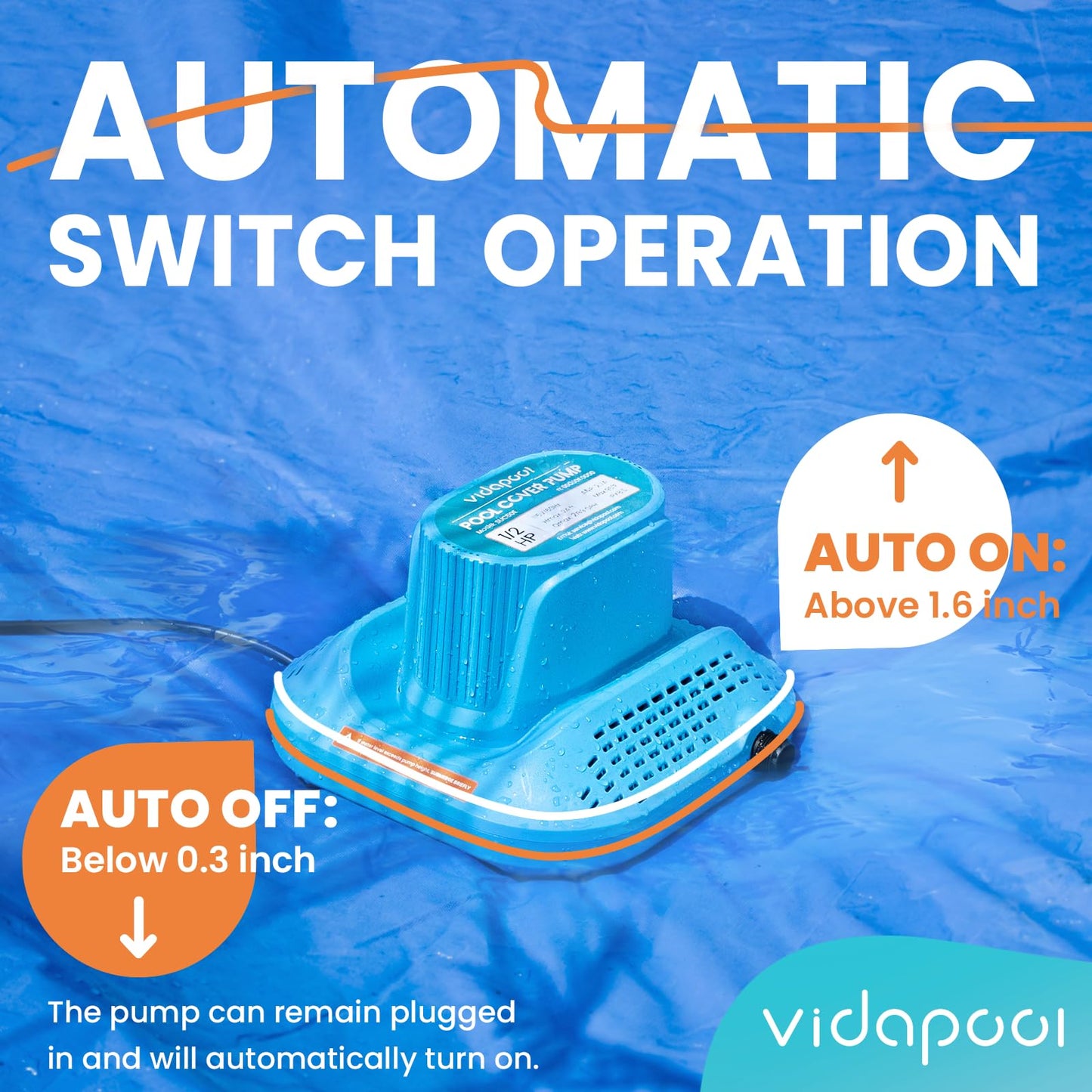 Vidapool 1/2 HP Pool Cover Pump Automatic On Off, Submersible Sump Pump Inground/Above Ground, 2169 GPH Water Removal Pump with 25 Feet Power Cord for Swimming Pool, Pond, Basement, Window Well