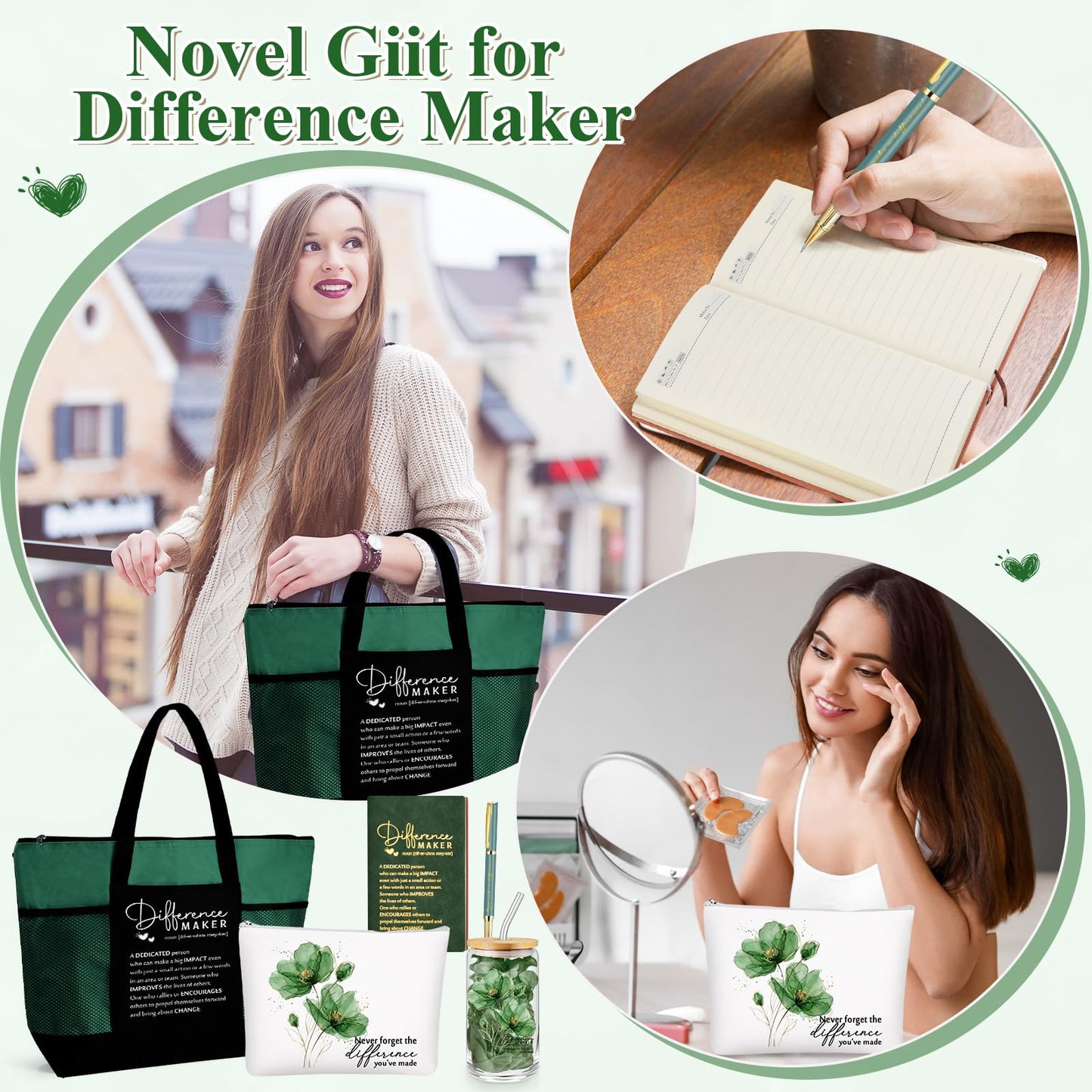 Meanplan 5 Pcs Difference Maker Gifts for Women Employee Appreciation Journal Tumbler Tote Bag Makeup Bag You Make a Difference Pen for Volunteer Nurse Coworker Lab Week Mother Day(Green,Flowers)