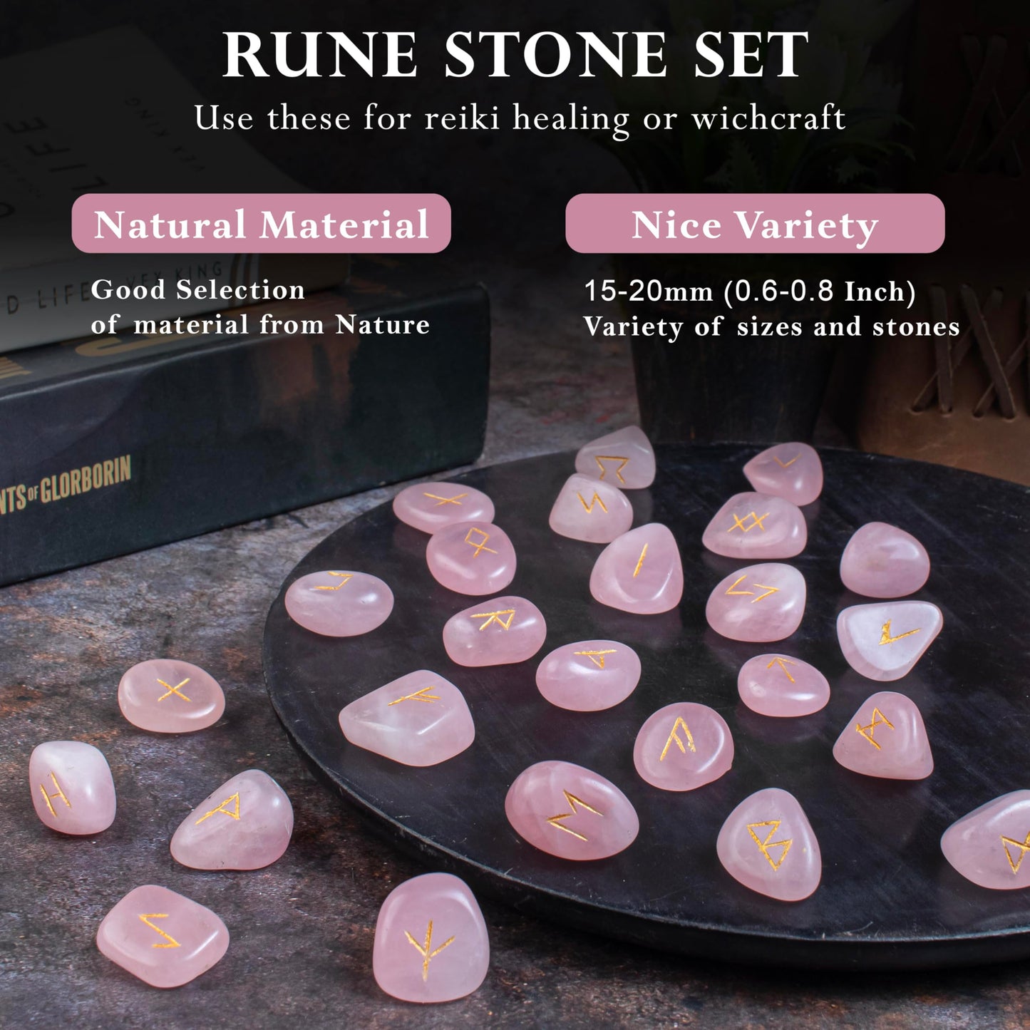 Crocon Rose Quartz Gemstone Rune Stone with Elder Futhark Alphabet Engraved Symbol 25 pcs Set for Feng Shui Reiki Crystal Healing Chakra Balancing Gift Home Decor Size: 15-20 mm