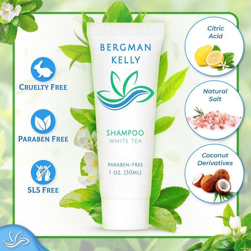 BERGMAN KELLY - Travel Size Hotel Shampoo - 1 fl oz, 100 PK, White Tea - Delight Your Guests with Revitalizing & Refreshing Hair Cleanser for Guest Hospitality - Mini & Small Size Shampoo in Bulk