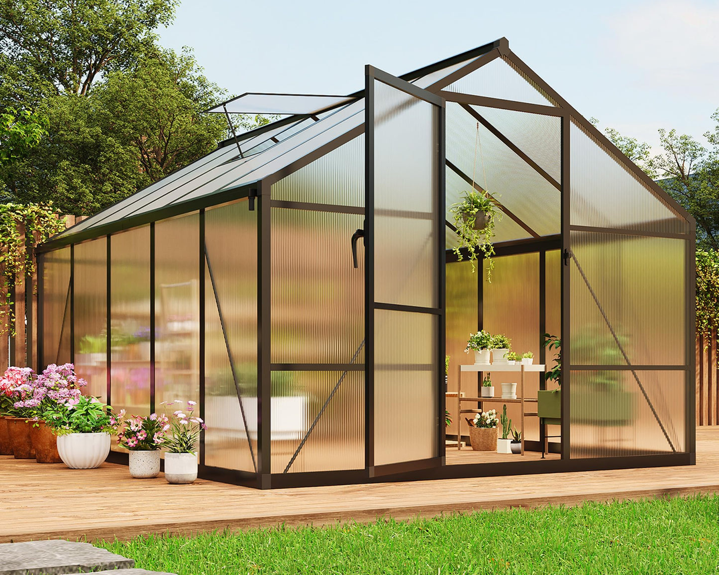 8x10 FT Greenhouse, Greenhouses for Outside, Polycarbonate Greenhouse with Aluminum Frame, Lockable Door and Ajustable Roof Vent for Backyard, Green Houses for Outside Garden Backyard, Patio
