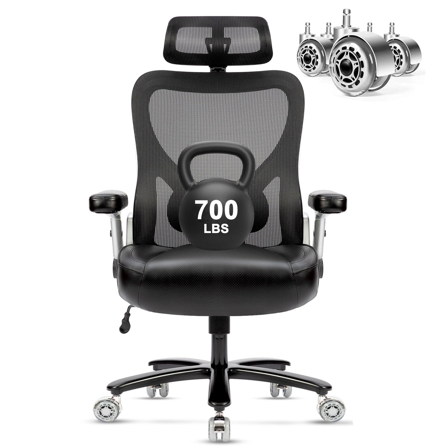 Big and Tall Office Chair 700lbs- Heavy Duty Executive Computer Chair with Rubber Wheels 3D Flip Arms, Ergonomic Mesh High Back Desk Chair, Extra Wide Seat Adjustable Lumbar Support & Headrest
