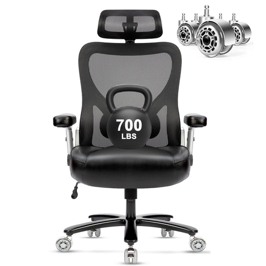 Big and Tall Office Chair 700lbs- Heavy Duty Executive Computer Chair with Rubber Wheels 3D Flip Arms, Ergonomic Mesh High Back Desk Chair, Extra Wide Seat Adjustable Lumbar Support & Headrest