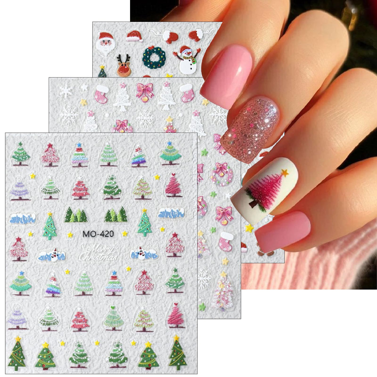 Pink Christmas Nail Art Stickers 5D Embossed Christmas Tree Self-Adhesive Nail Decals Winter Christmas Tree Elk Snowflake Nail Design Supplies Xmas Holiday Cute Stickers for Women Girl Manicure 3PCS