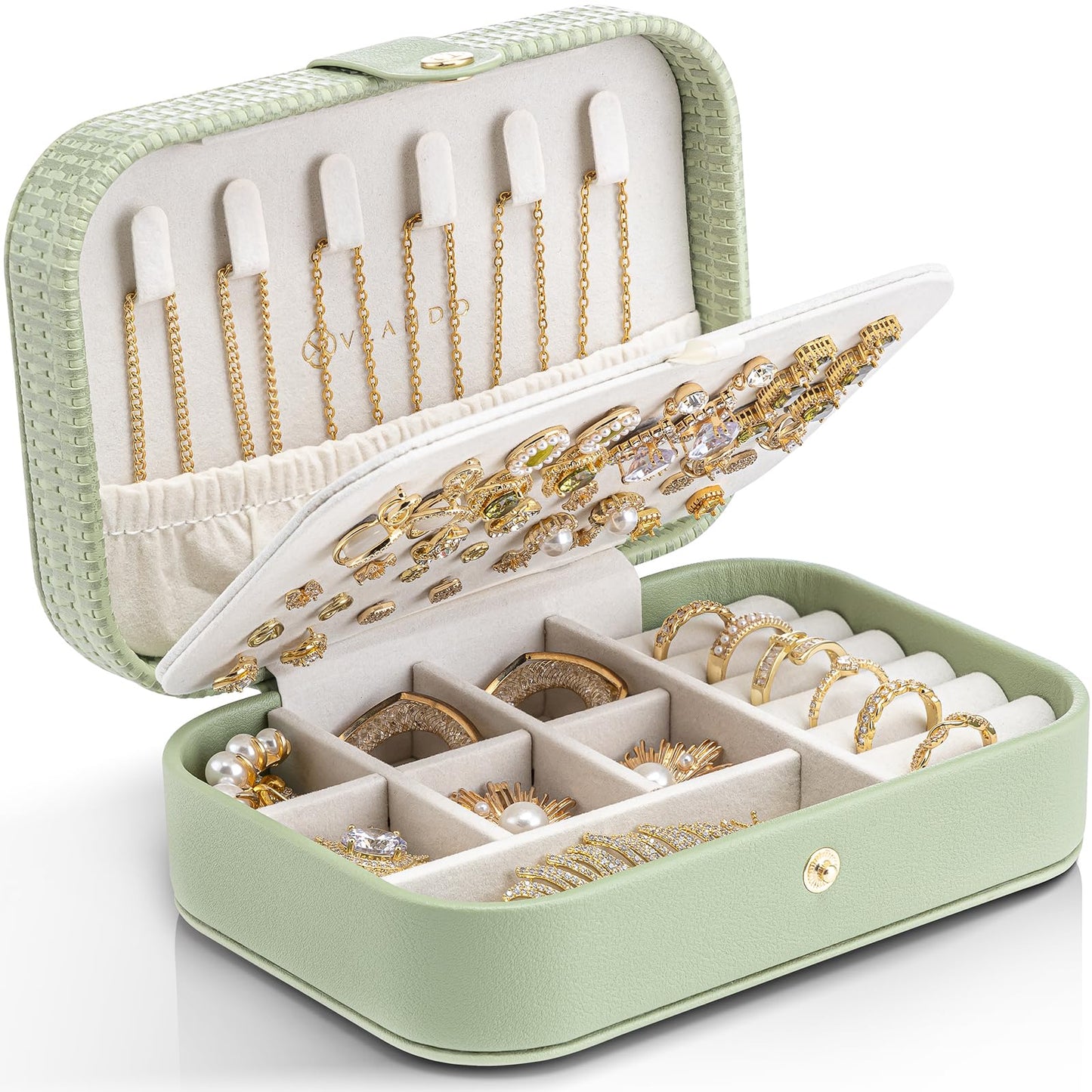 VLANDO Travel Jewelry Case, PU Leather Travel Jewelry Box with Earring Holder, Portable Display Small Jewelry Box for Mothers Day Women Girls Gift - Green