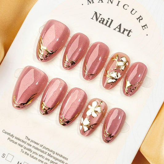 30Pcs Almond Press on Nails Pink Bling Fake Nails Gold French Tip Nails Press ons Spring Cherry Blossom 3D Flower False Nails Glossy Full Cover Stick on Nails Medium Acrylic Nails for Women
