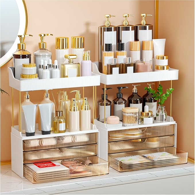 2 Sets 6 Drawers Makeup Organizer Ã¢ÂÂ 5 Tier Bathroom Organizers and Storage, Versatile Perfume Vanity Organizer, Ideal for Cosmetic, Large Skincare, Face Mask, Office Supplies, Amber