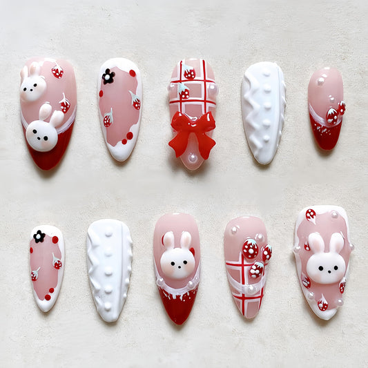 30Pcs Cute Rabbit Press on Nails Medium Almond 3D Bow Fake Nails with Strawberry Flower Design Red French Tip Pink Acrylic Nails Kit Bunny Pearl Artificial Glossy Full Cover Stick on Nails for Women