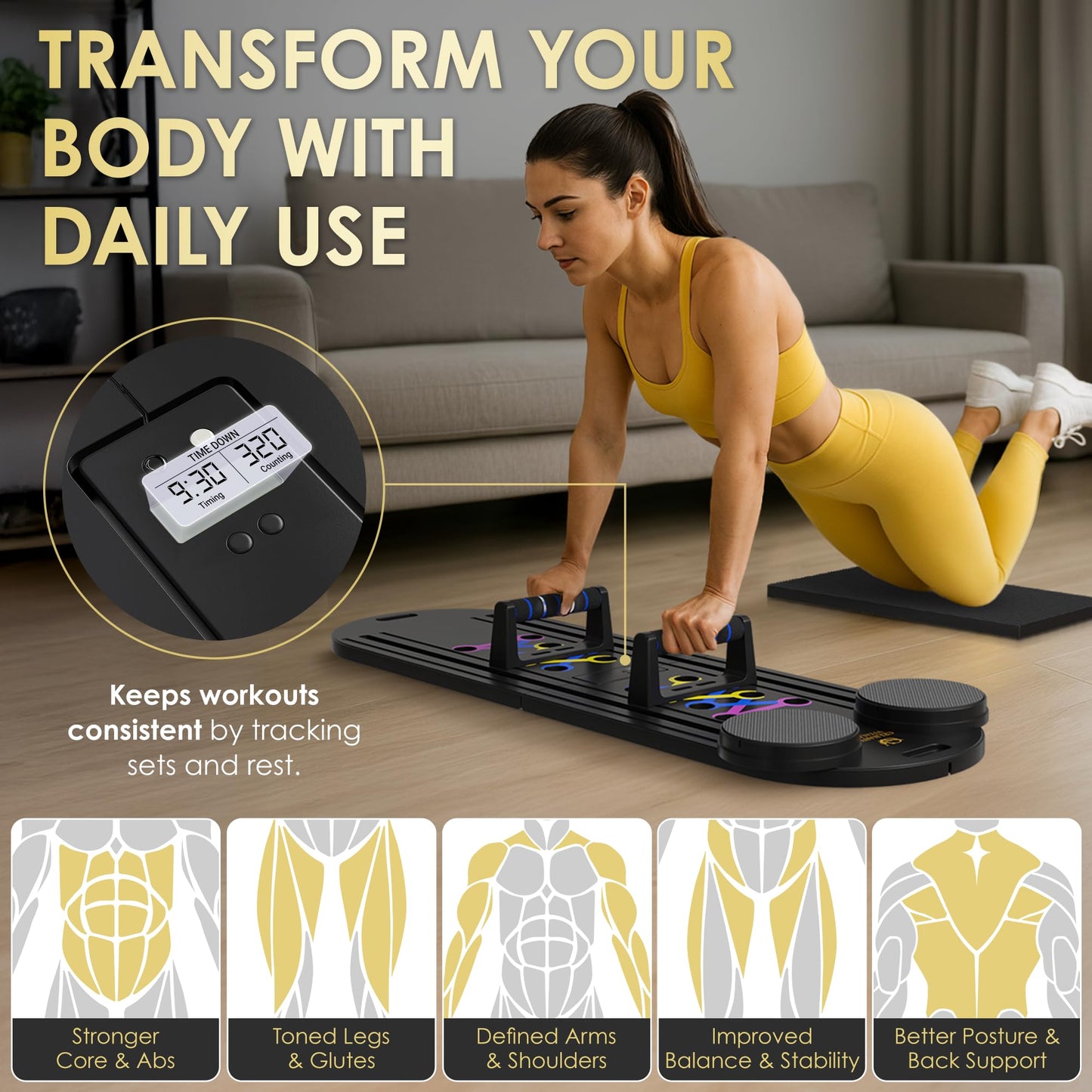 Pilates Reformer Board, 7-in-1 Foldable Pilates Board Kit with Timer, Guided Home Workouts w Resistance Bands & Ball - At Home Pilate Reformer AB Core Machine, Exercise Fitness Slider Equipment