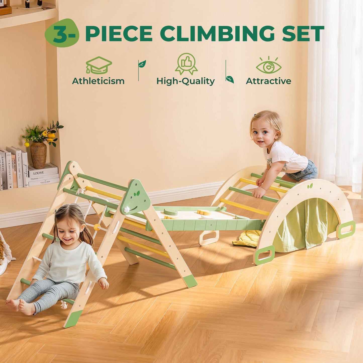 ROBOTIME 5 in 1 Toddler Climbing Toys, 3 Piece Pikler Climbing Set Toy for Toddlers, Inside Pikler Triangle Set, Montessori Climbing Set, Indoor Playground for Kids