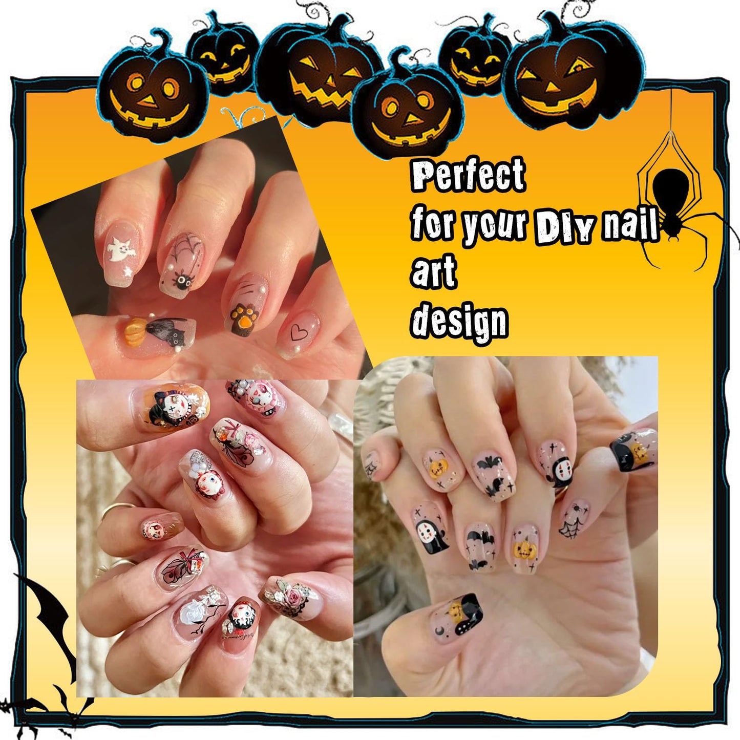 SIUSIO 15 Sheets Halloween Nail Art Stickers Cute Pumpkin Skull Ghost Party Theme 3D Self-Adhesive Horror Witchy Bat Poker Blood Nail Decals Nail Supplies DIY Nail Stickers for Women Girls Kids Decor
