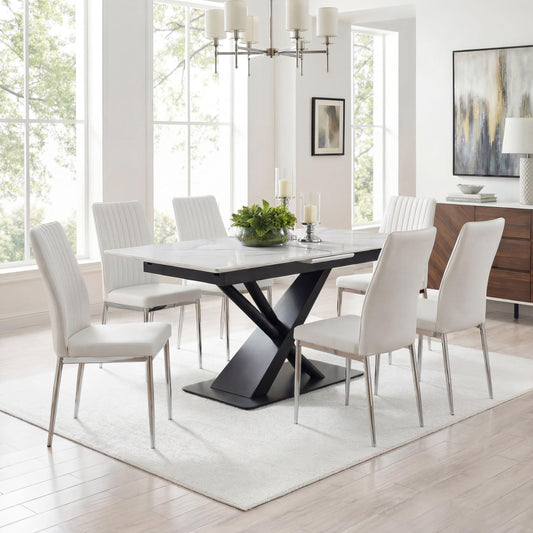 White Extendable Dining Table for 6, 59.1"-71.18" Modern Expandable Rectangle Dinner Kitchen Table,PU Leather and Chrome Leg Chairs,Modern Marble Dining Tables for Kitchen, Comedor(Marble White)
