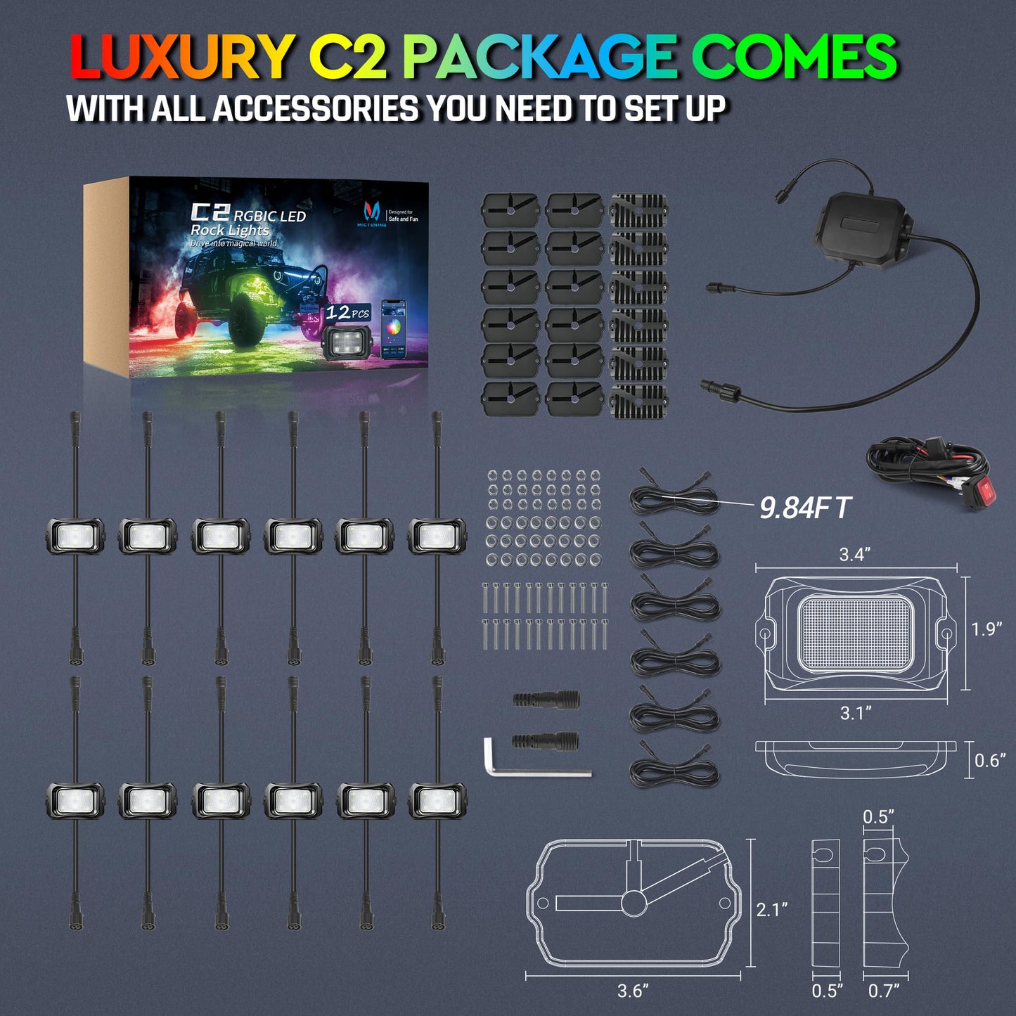 MICTUNING C2 Max RGB+IC Chasing Color LED Rock Lights - 12 Pods Underglow Lighting Kit, Dynamic Lighting Modes, Extensible Up to 24 Pods with Stable APP Control, IP68 Waterproof, DIY Effect