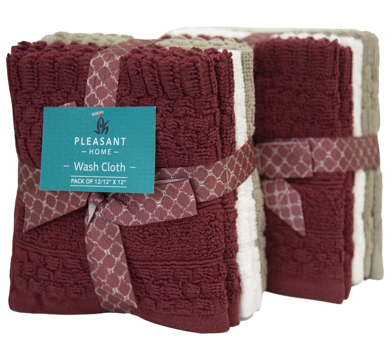 PH Pleasant Home Diamond Wash Cloths Set - 12 Pack (12” x 12”) – 509 GSM - 100% Ring Spun Cotton Wash Cloth - Super Soft and Highly Absorbent Face Towels (Maroon, White & Tan)