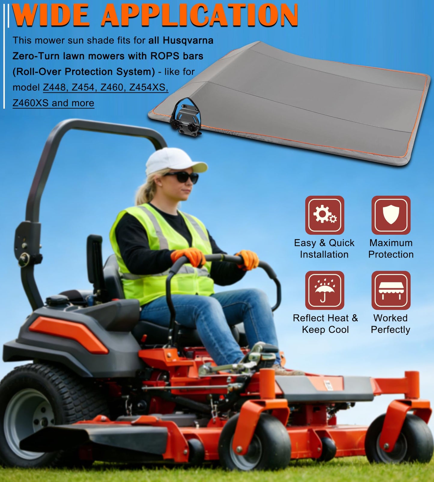 596542901 Riding Lawn Mowers Sun Shade - Heavy Duty Riding Mower Sun Canopy Perfectly Fits for Husqvarna Zero Turn Lawn Mowers with ROPS Bars Z448, Z454, Z460, Z454XS, Z460XS and More