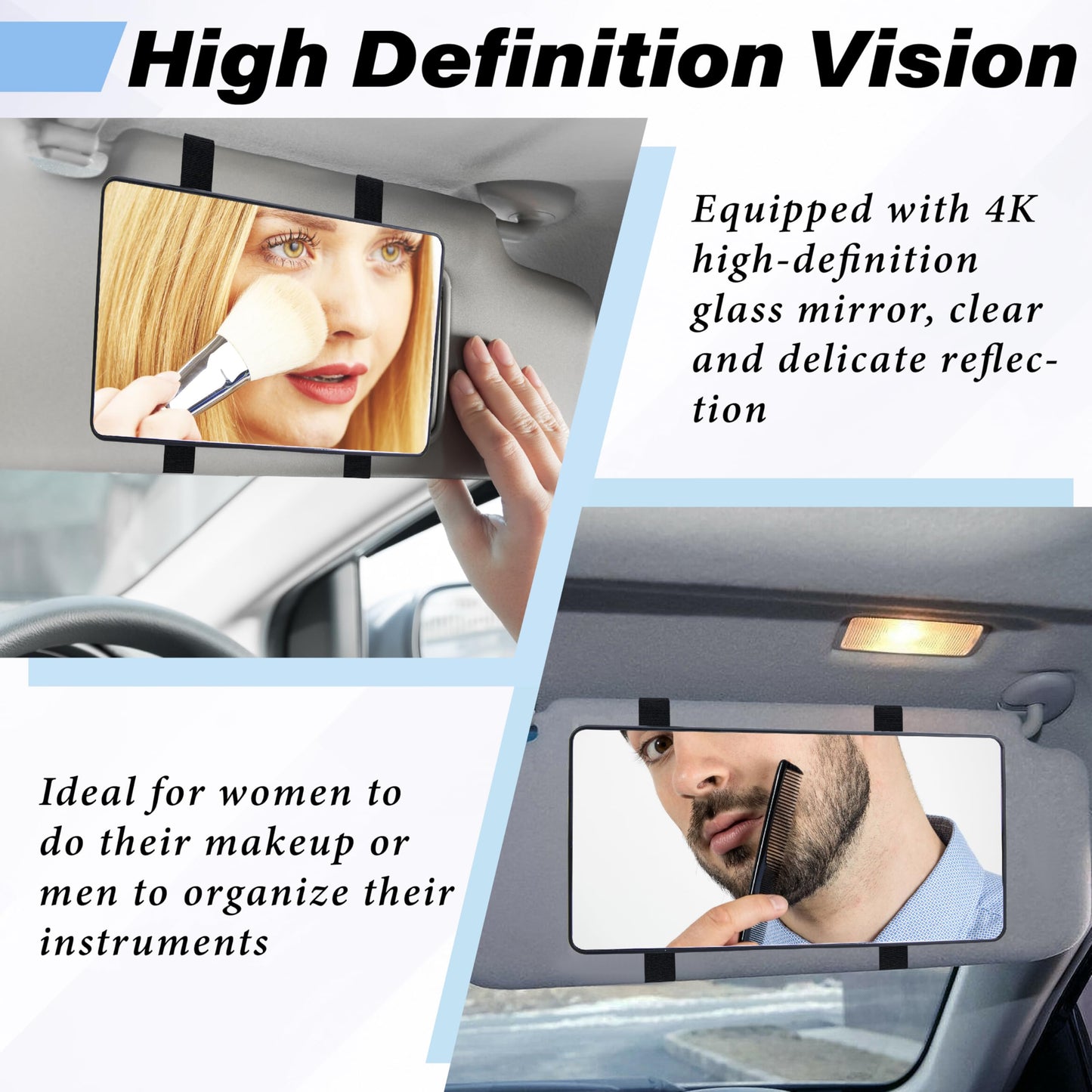 2 PCS Car Sun Visor Mirror, Cosmetic Makeup Mirrors with Straps, HD Car Interior Cosmetic Mirror, Universal Sun Visor Mirrors for Trucks, Cars, SUVs (Black)