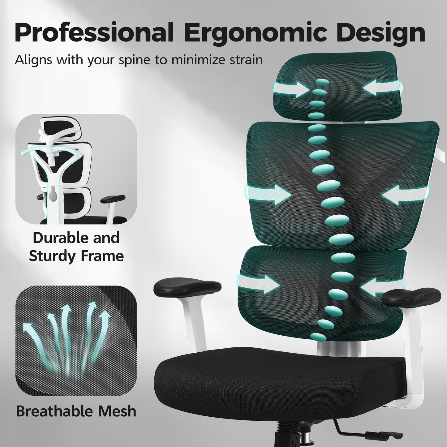 Ergonomic Office Chair High Back Desk Chair with Lumbar Support, Breathable Mesh Computer Chair with Adjustable Armrests Height, Reclining Swivel Big and Tall Gaming Chair for Home Office(White)