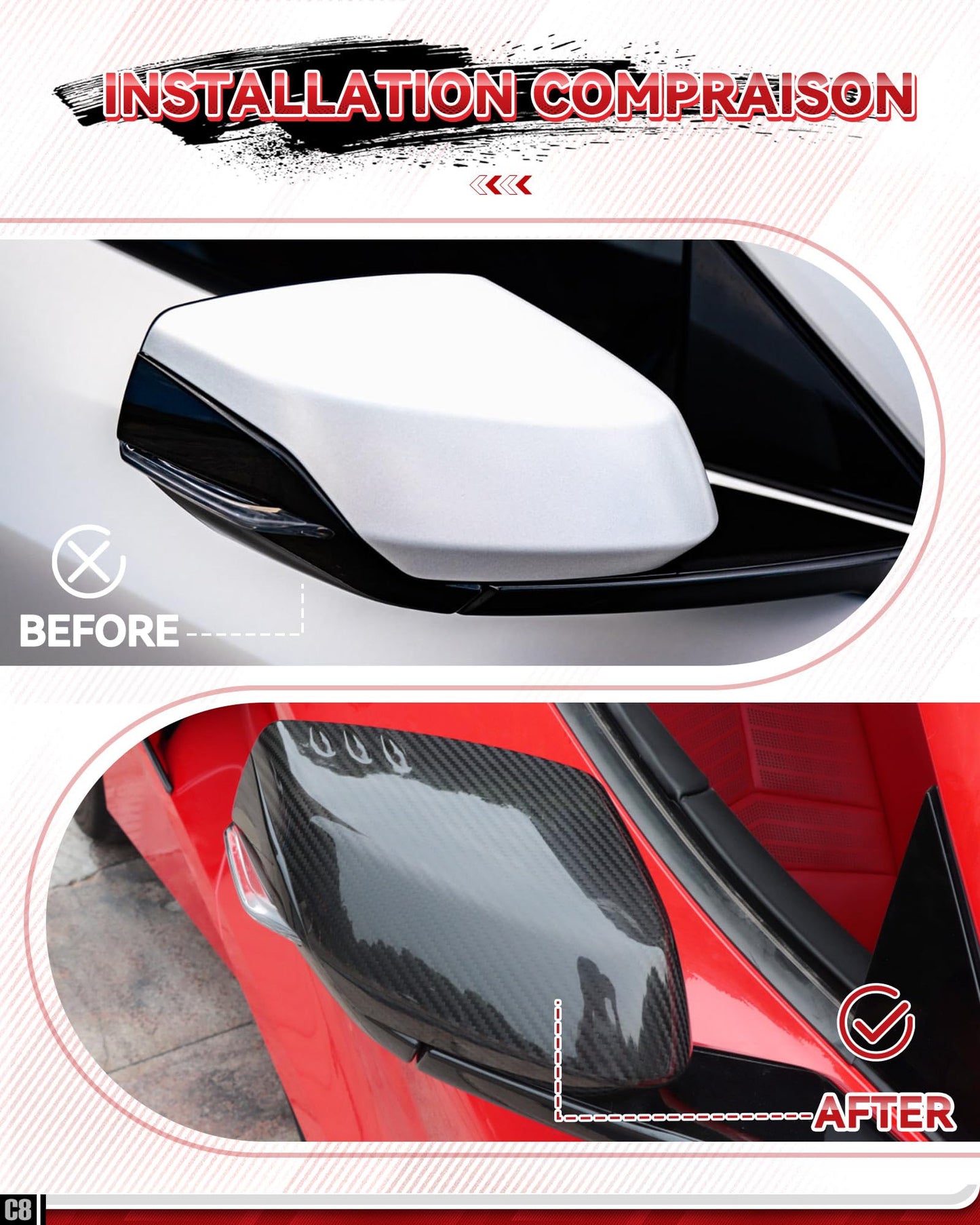 Etesan Carbon Fiber Mirror Covers Fit for Corvette C8 Z51 Z06 Stingray E-Ray 2020-2025, Real Carbon Fiber Rear view Mirror Guard Cover Trim 2PCS