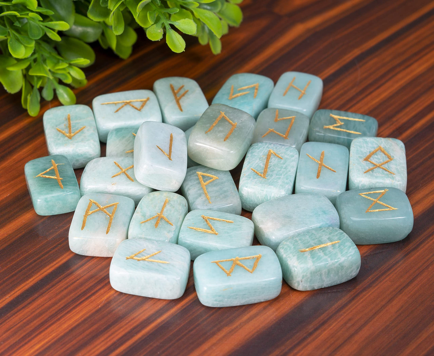 Crocon Amazonite Rectangle Shape Gemstone Runes with Elder Futhark Alphabet Engraved 25 pcs Rune Set Crystal Divination Metaphysical Healing Chakra Reiki Runes Set with a Pouch Size : 20-25mm