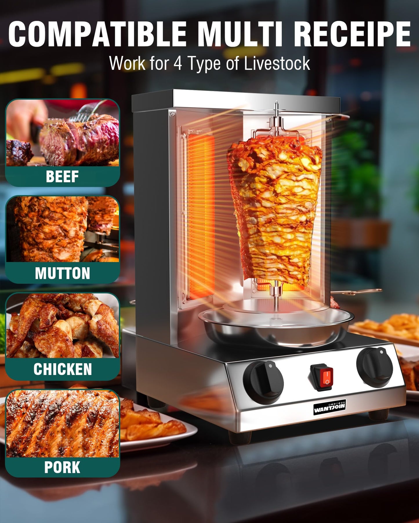 WantJoin Shawarma Grill Machine - Gas Vertical Rotisserie with 2 Burners for Home, Countertop Rotating Doner Kebab Oven Broiler Gyro Maker with Shovel, 11.6 x 11.8 x 19 inches, 110V
