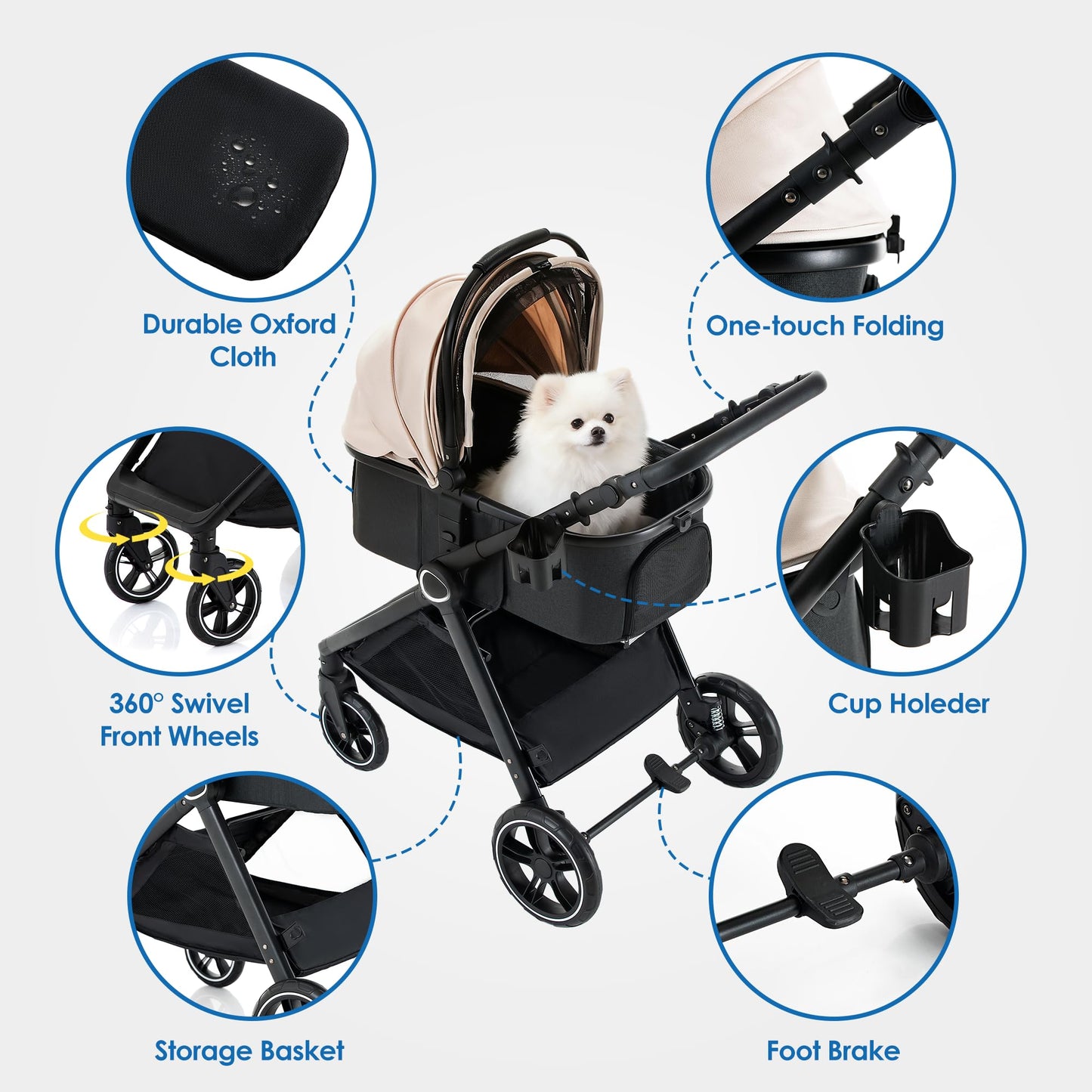 KAVELLIN Pet Stroller for Small/Medium Dogs, Foldable Dog Stroller with Detachable Carrier,3 in 1 Pet Stroller for Dogs Cats up to 50 lbs, Cup Holders,Easy Assembly, Khaki