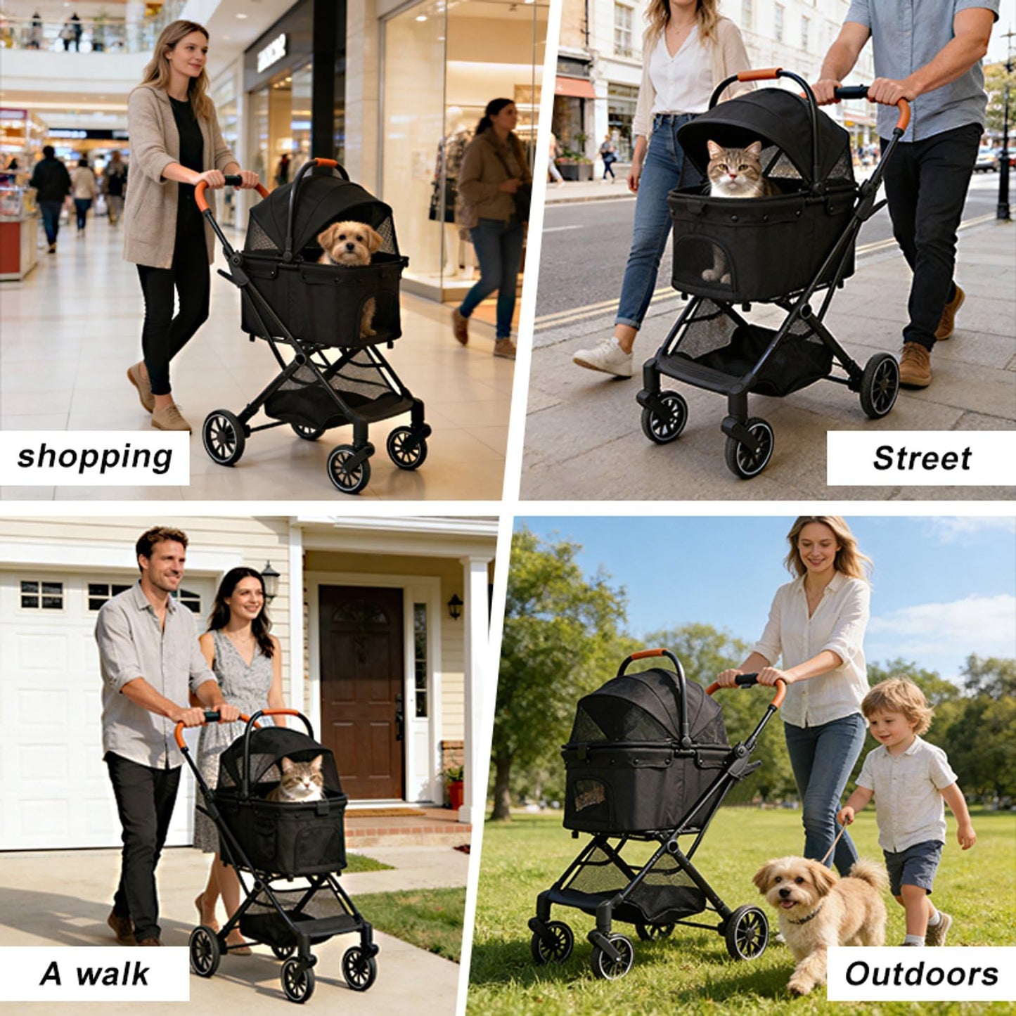 VRHOT Pet Stroller for Small Dogs and Cats, Detachable Dog Cat Stroller with All-Terrain Shock Absorbing Wheels, One-Click Foldable Design, Adjustable Canopy (Black)