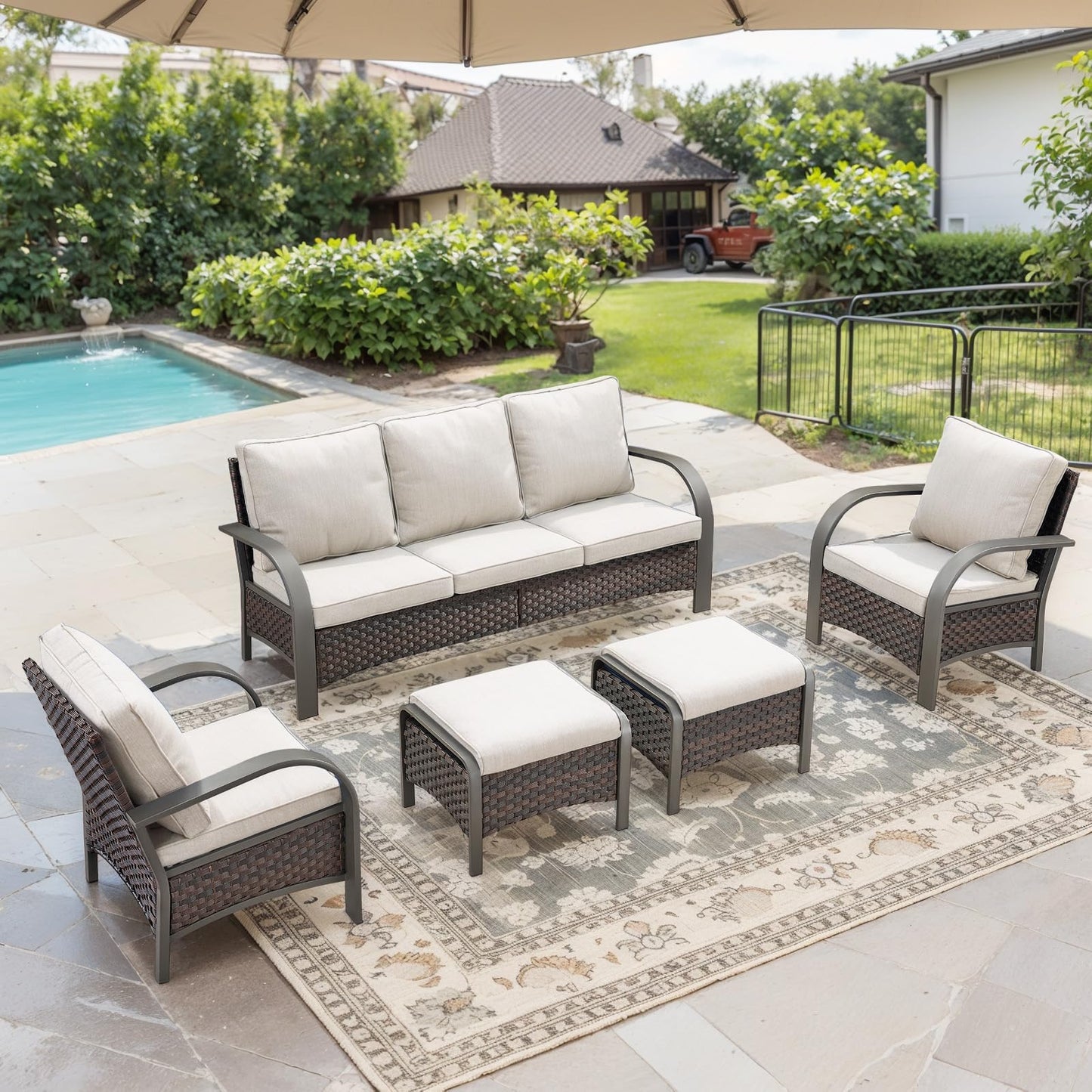 Belord 5 Piece Outdoor Wicker Furniture Set, High Back Deep Seating Patio Sofa Set with Metal Armrests Rattan Chairs, and Ottomans for Porch Deck Sunroom Backyard