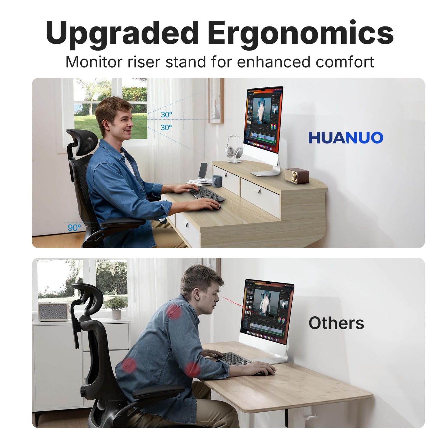 HUANUO 32 x 20 inch Electric Standing Desk with 4 Drawers, Adjustable Height Sit Stand Home Office Desk C-Clamp Mount Compatible, Ergonomic Stand up Desk with 4 Preset Heights, Natural