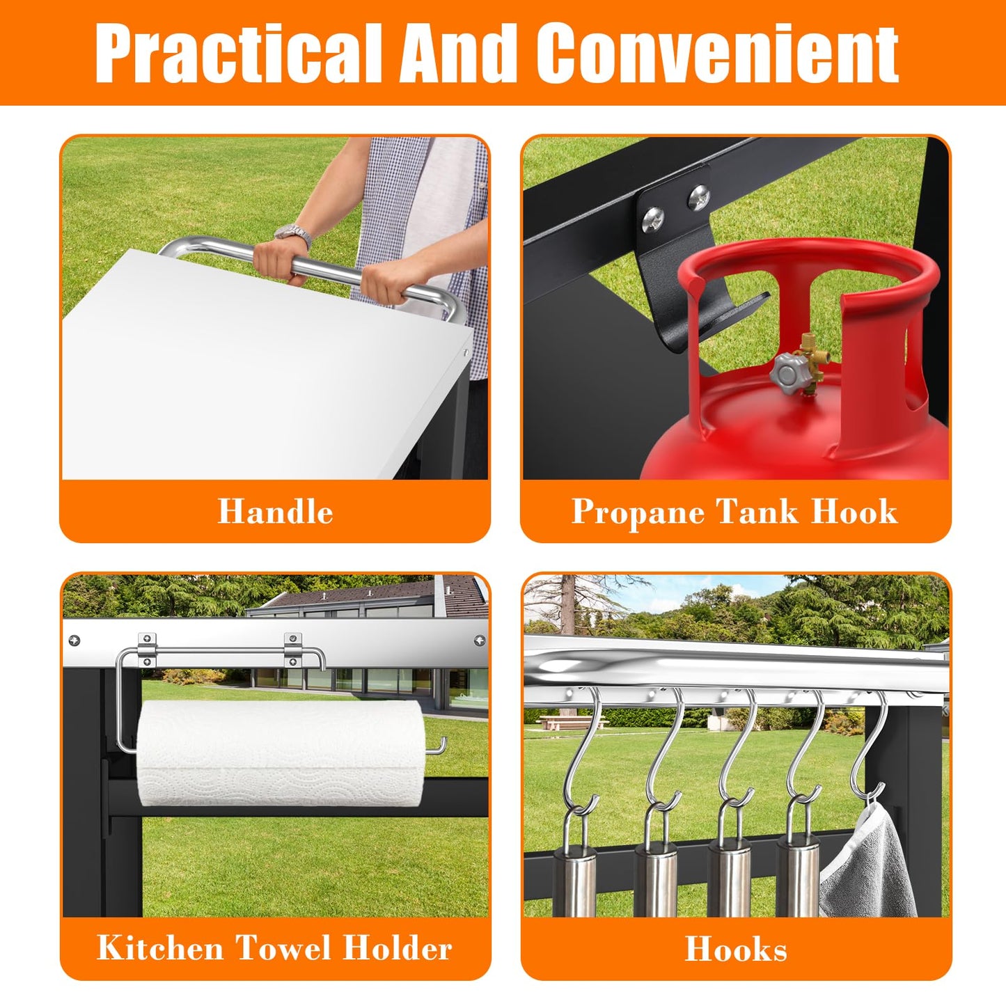 GRILL FORCE Grill Table, Movable Dining Cart, Pizza Oven Table Stand, Double-Shelf Grill Stand, Food Prep and Work Cart with Wheels, Hooks, Fits for Blackstone Ninja