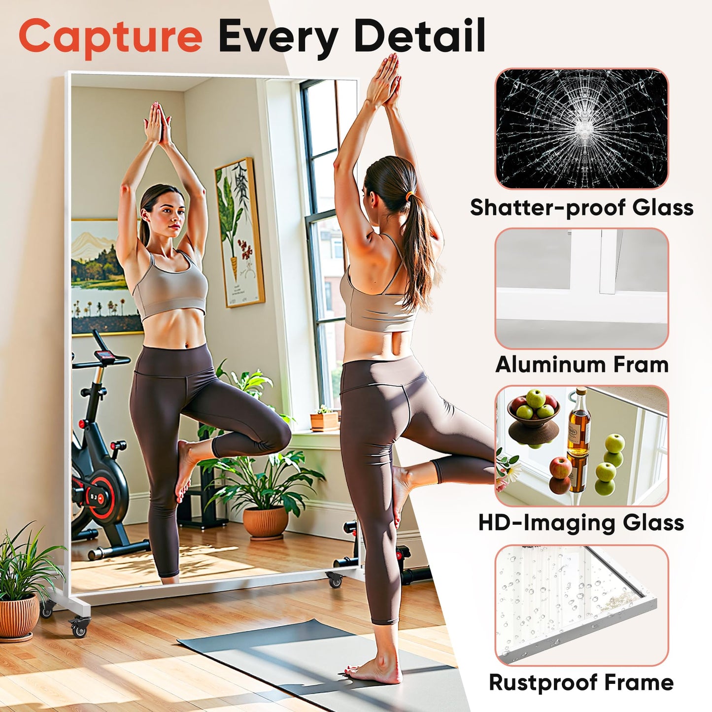 Suidia 72"x40" Full Length Mirror with Wheels, Shatterproof Full Body Mirrors, Mobile Floor Standing Mirror for Home Gym, Yoga, Dance Studio, Living Room, Rectangular, White
