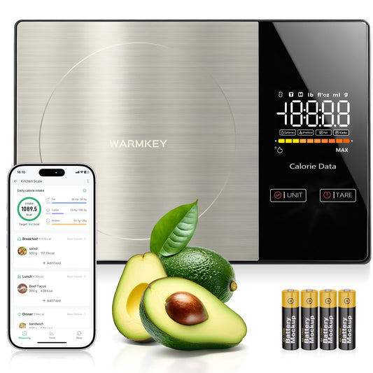 WARMKEY Smart Nutrition Food Scale - Digital Kitchen Scale with Nutritional Calculator App,Tare Function,Track Calories &19 Nutrients,11lb/5kg, Grams/Ounces,Stainless Steel for Weight Loss&Diet