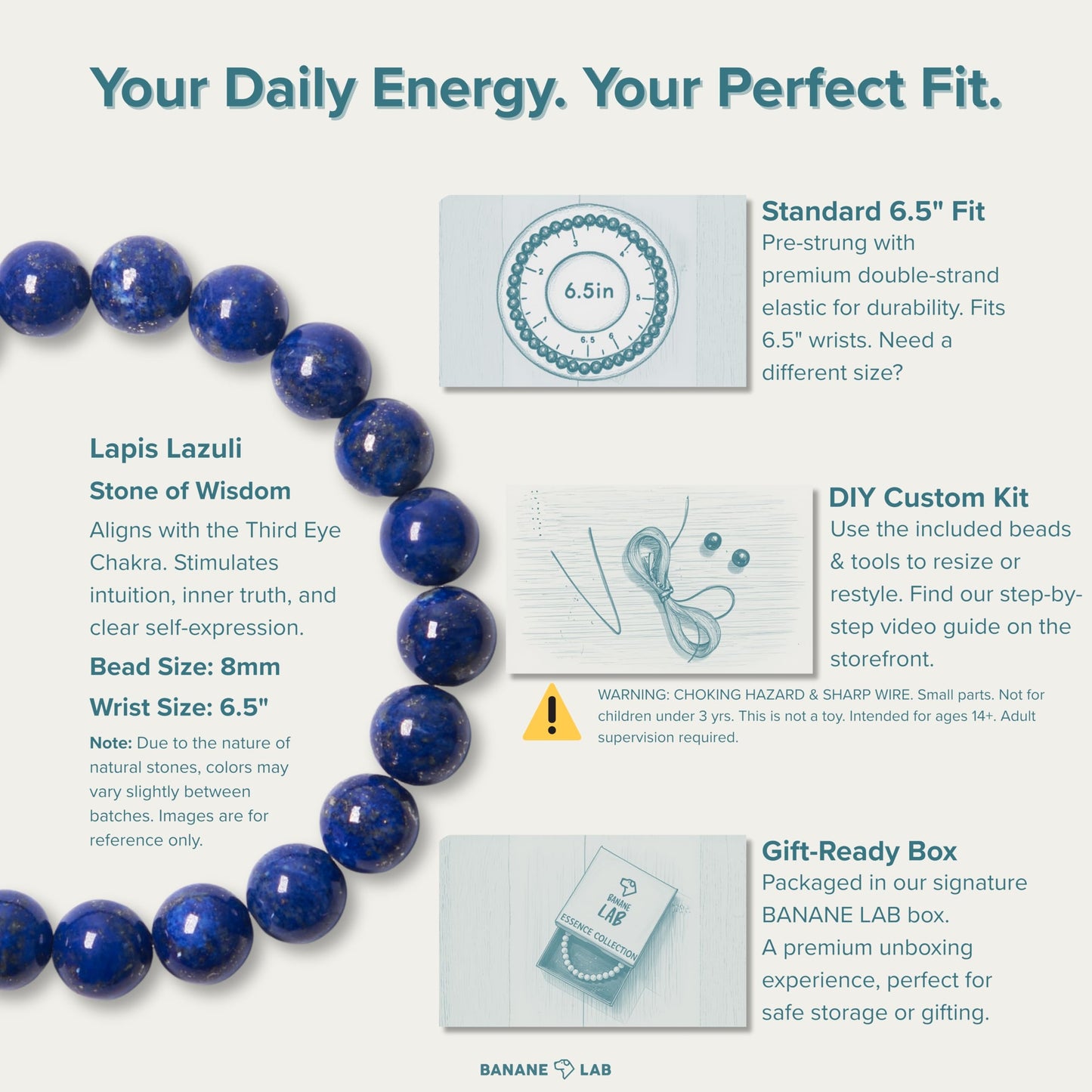 BANANE LAB Lapis Lazuli Bracelet 8mm - Real Natural Blue Stone Beaded Bracelets for Men Women - Standard 6.5" Wrist Fit with DIY Repair Kit (Elastic String & Extra Beads) - Protection Chakra Jewelry