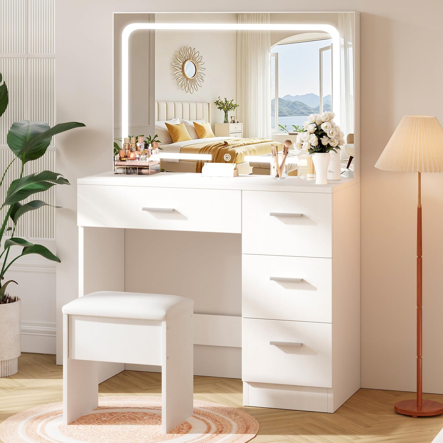 LIVELYGLOW Makeup Vanity Desk with Charging Station & LED Mirror – 35.4" Vanity Table with 4 Drawers, Hair Dryer Rack, & 3 Lighting Modes – Modern Bedroom Furniture (15.7"D x 35.4"W x 53.9"H), White