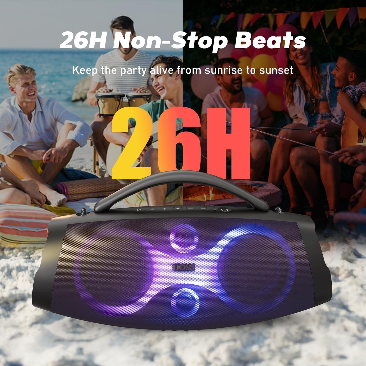 DOSS Extreme Boom Pro D200 240W Peak Outdoor Speaker, Punchy Bass, 26H Playtime, Beat-Synced Light, BT5.4, Stereo Pairing, IPX6 Waterproof for Camping, Beach, Tailgate Party-Black