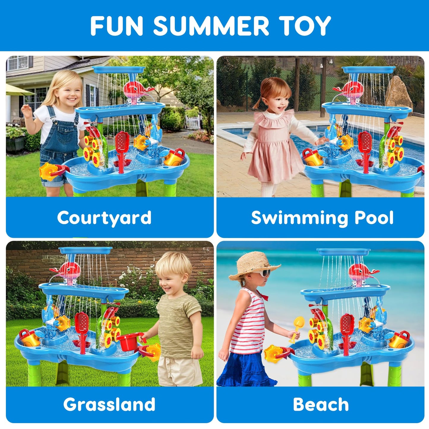 zefinot Water Table for Toddlers 3-5 | 3-Tier Kids Water Table Toys, Outdoor Water Table with Rain Showers Splash Pond for Beach Backyard Summer, Sensory Play Table for Boys Girls