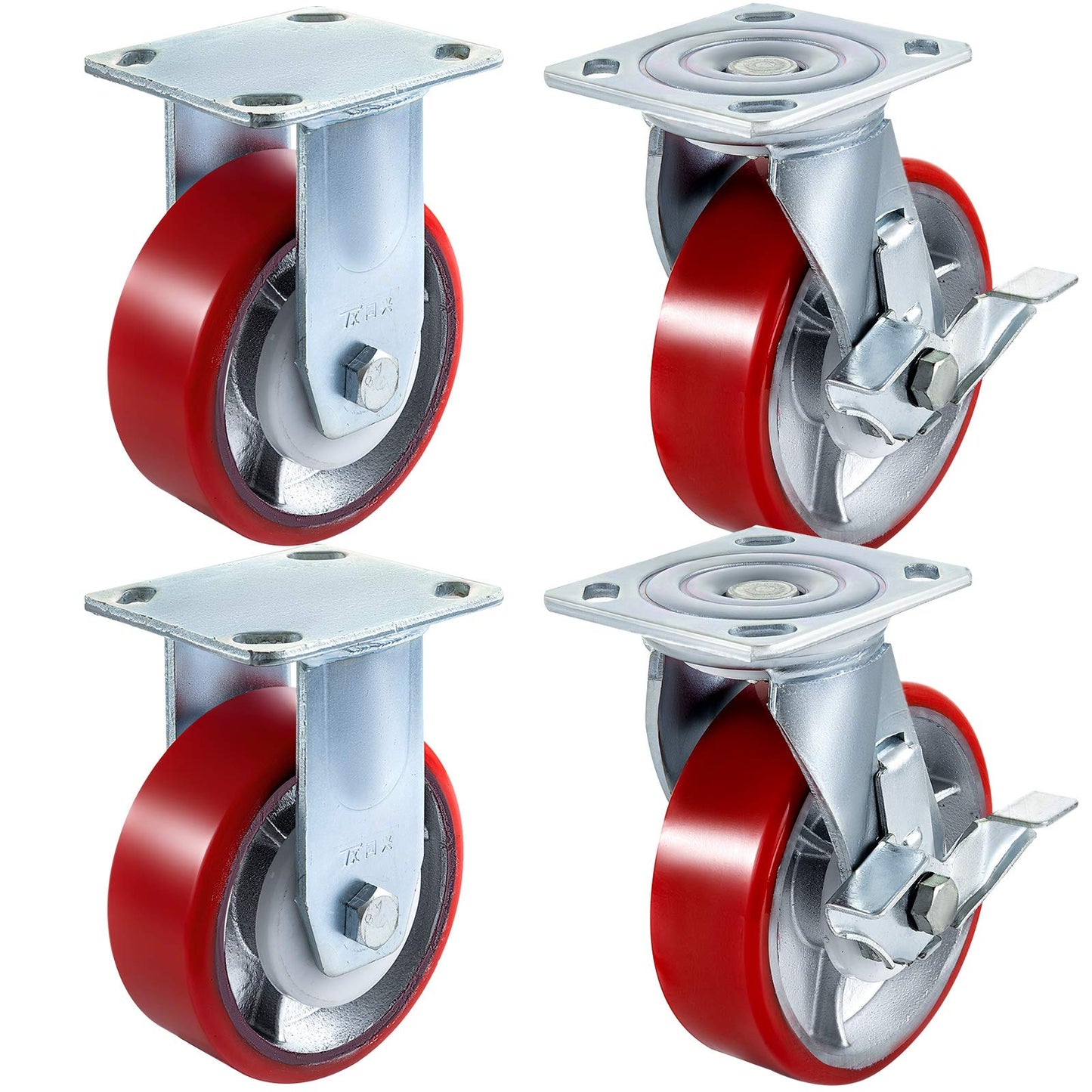 VEVOR Caster Wheels Set of 4, 6" Heavy Duty Casters (2 Rigid and 2 Swivel Casters with Side Brake) Polyurethane Iron Core Plate 4000LBS Capacity"