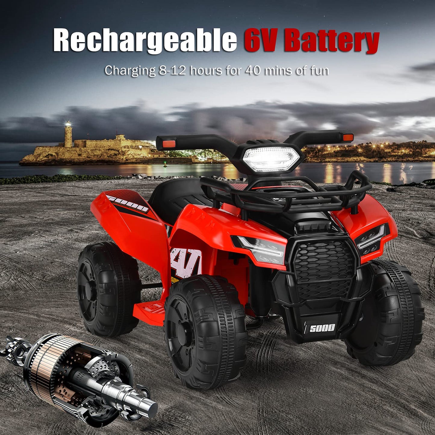 Costzon Kids ATV, 6V Battery Powered Electric Vehicle Four Wheeler Quad w/Storage Basket, Headlight, Horn, Music, MP3 & USB, Toddler 4 Wheeler Ride on Car Toy for Boys Girls 18-36 Months (Red)