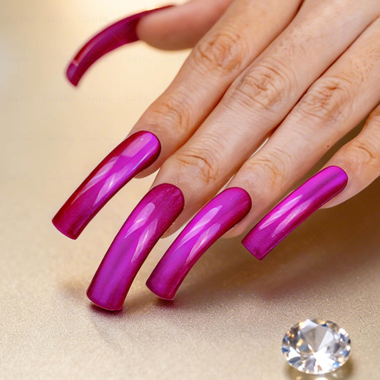 IntoVibes Purple Shimmer Press On Nails XL Handmade Curved Down Groove Design, Metallic Plum Long Nails, Reusable Fake Nail Tips, Salon Quality for Special Occasions, Square Acrylic Nails (L)