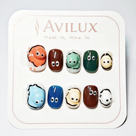 Avilux Press On Nails – Handmade, Reusable, 3D Designer Nail Art, 10Pcs Fake Nails for Women and Girls, Perfect for Holidays, Parties & Gifts (Funny Eggy Faces, Medium)