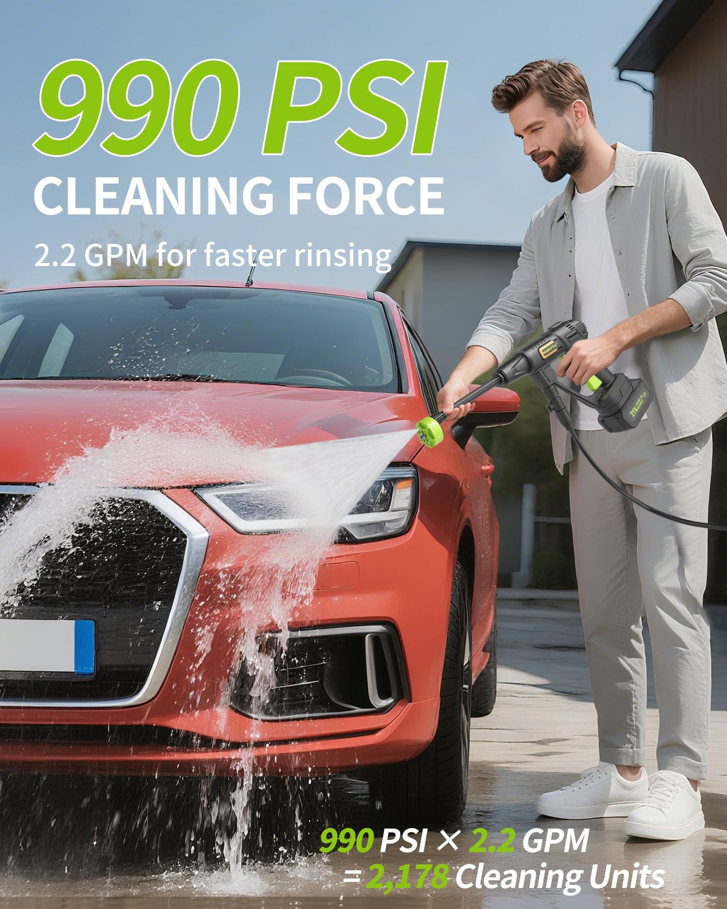 Cordless Pressure Washer Battery Powered; 990PSI Cordless Power Washer with 6-in-1 Nozzle, 23FT High-Elastic Hose, 21V Battery&Charger; Portable Handheld Pressure Washer Cleaner for Home, Car, Garden