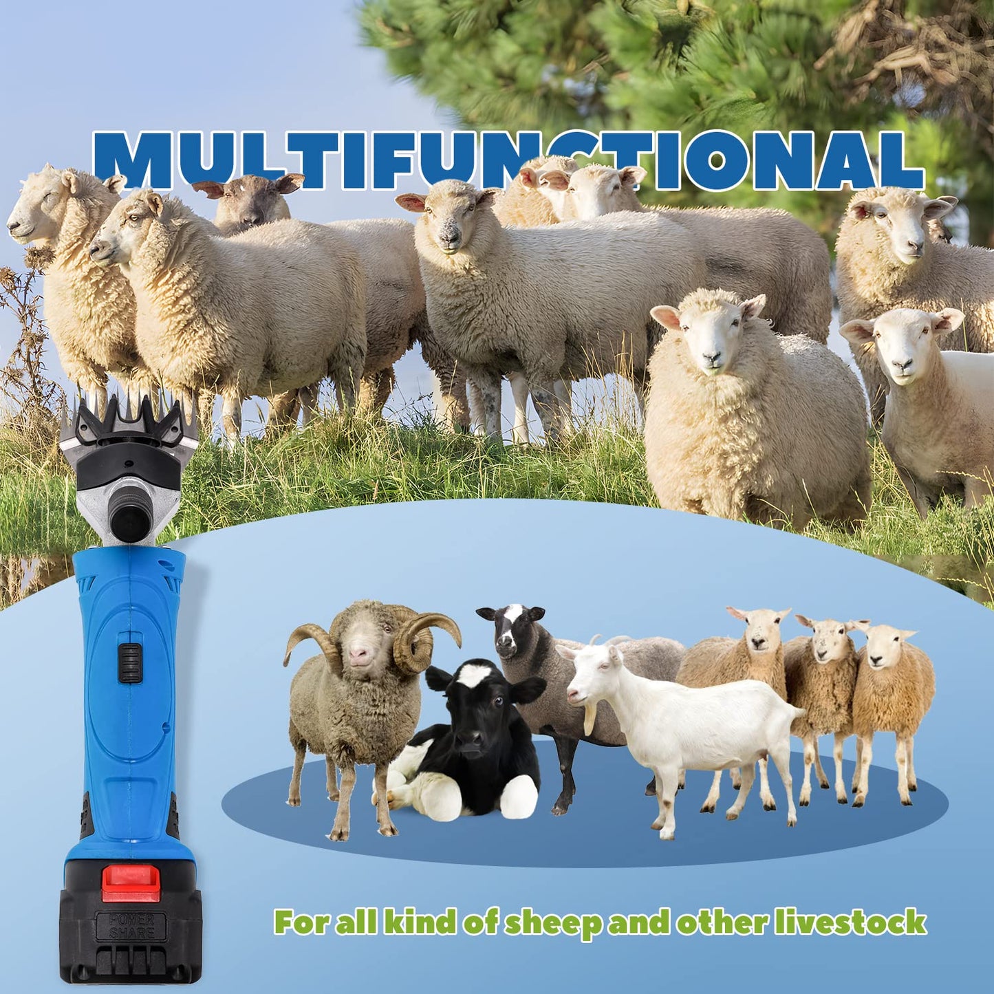 LuzRise Sheep Shears Cordless 550W 2400RPM Professional Rechargeable Shearing Clipper 21V with 6 Speed, for Shaving Fur Wool in Sheep, Goat, Cattle, and Other Farm Livestock, with 2 Lithium Batteries