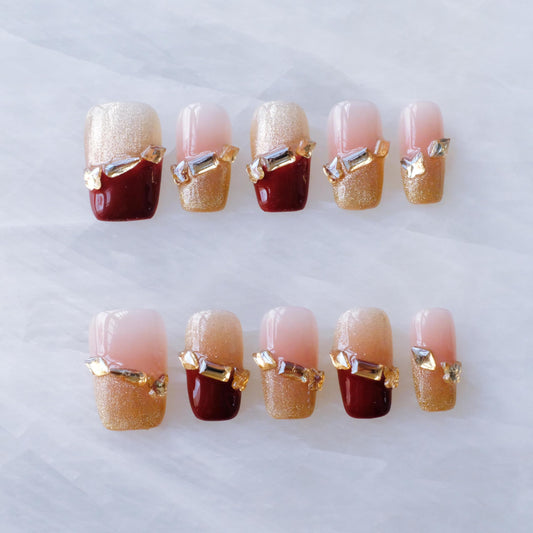 GLORS Press on Nails, Red Cat Eye False Nails with Gold Glitter, Short Square Shape, 10 Pieces (Small, SS)