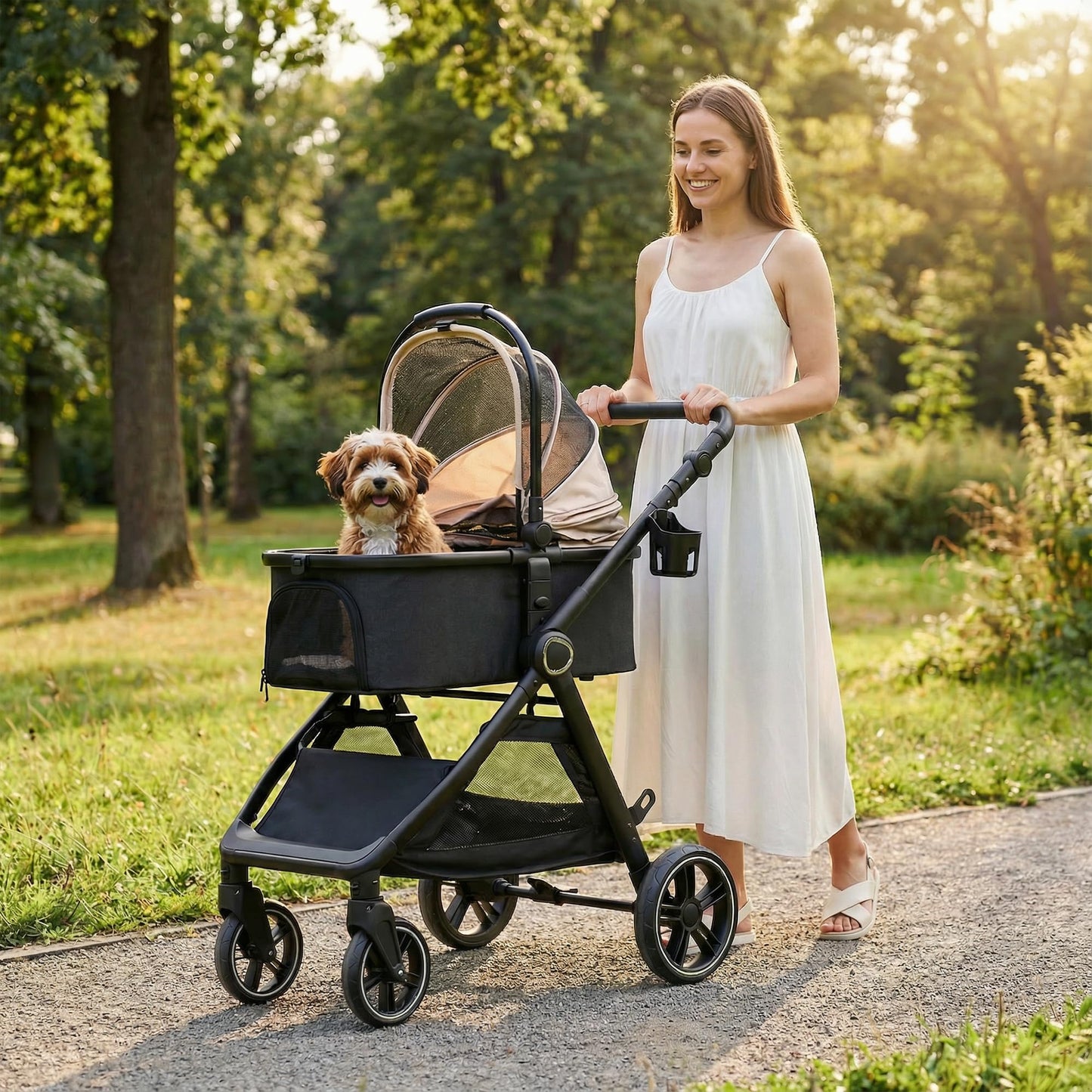 KAVELLIN Pet Stroller for Small Medium Dogs Cats Up to 50lbs, Dog Stroller with Removable Carrier, One Click Folding Pet Strollers, All-Terrain 4 Wheels Cat Strollers, Yellow