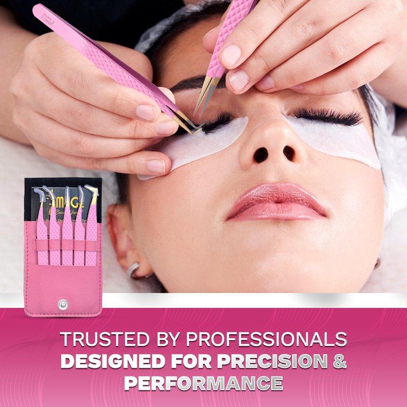 5 Pcs Fiber-Tip Japanese Steel Lash Tweezer Set with Leather Case, Professional Eyelash Tweezers for Lash Extensions – Titanium Coated, 90 & 45 Angled, Precision Pointed Tweezers (PINK)