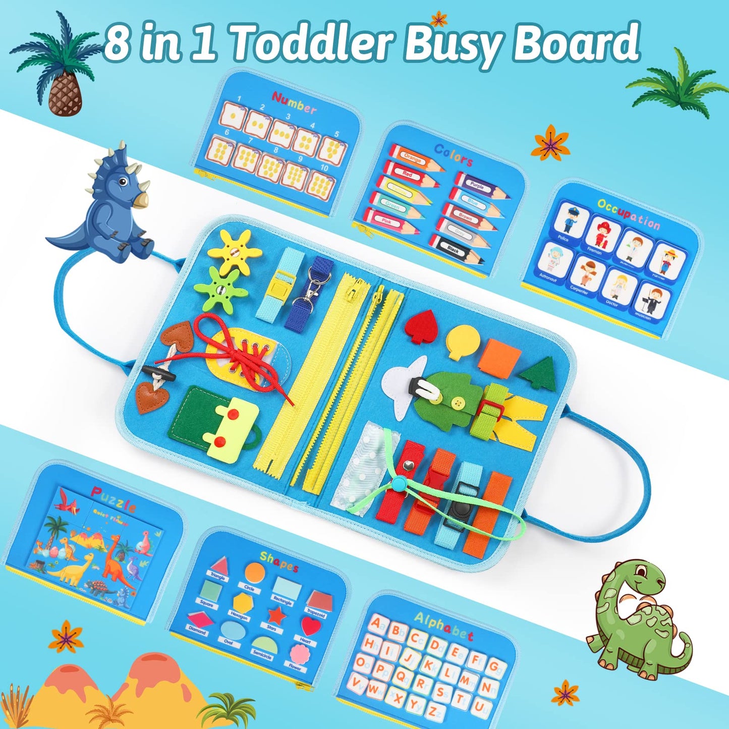 Toddler Busy Board Montessori Toys - Sensory Busy Book for Toddlers 1-3, Dinosaur Learning Activity for Fine Motor Skills, Airplane Car Travel Toy, Birthday Gift for 1 2 3 Year Old Boy Girl